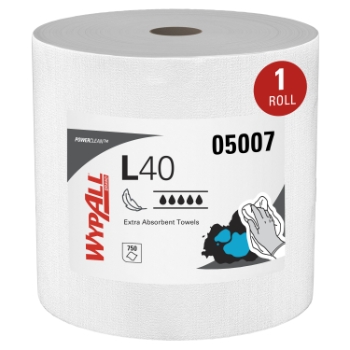 WypAll PowerClean L40 Extra Absorbent Towels, Jumbo Roll, White, 750 Sheets/Roll